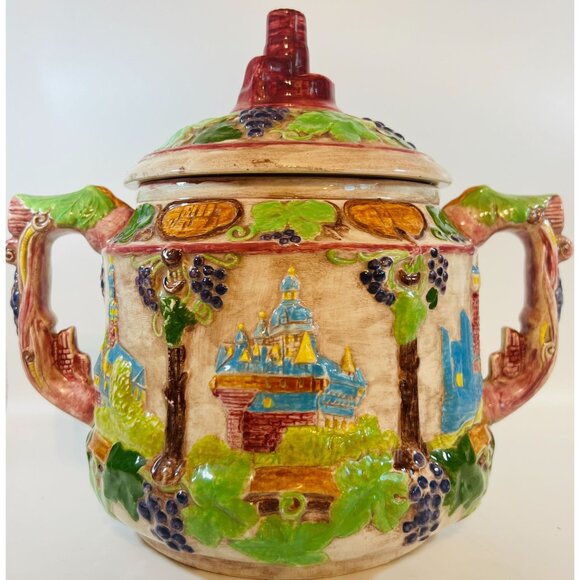 Vtg German Hand-Painted Ceramic Punch bowl SoupTureen Cookie Jar Castle Grapes - Picture 1 of 8